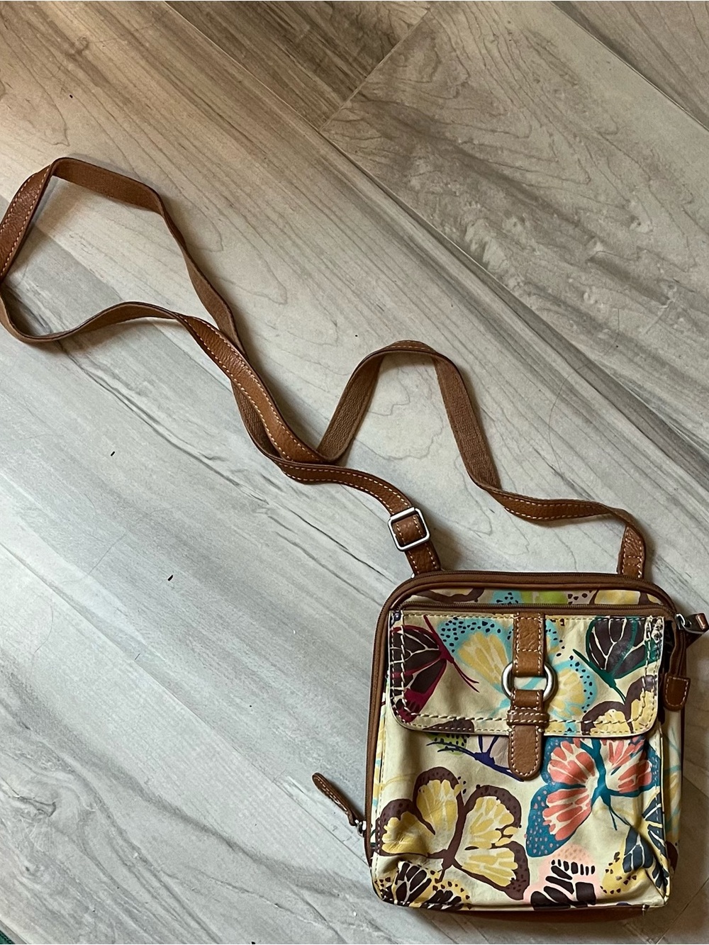 Fossil Multicolor Butterfly Floral Crossbody with Brown Trim